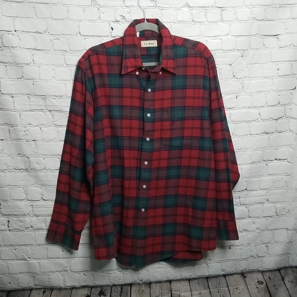 LL Bean Mens Plaid Flannel Button Down Shirt Large Green Black
